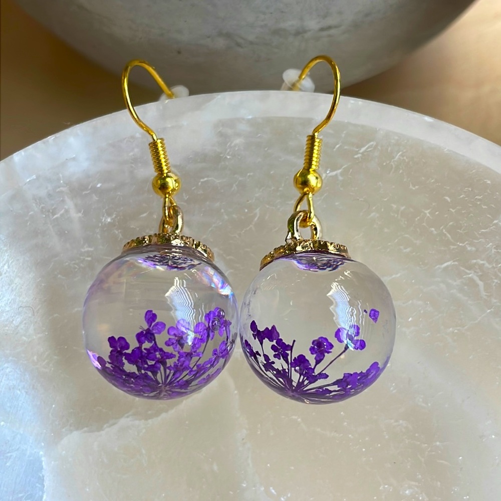 🌸 Earrings 💜 Floral Glass Bead Ball Sphere Dangle Jewelry Girly Feminine Tea